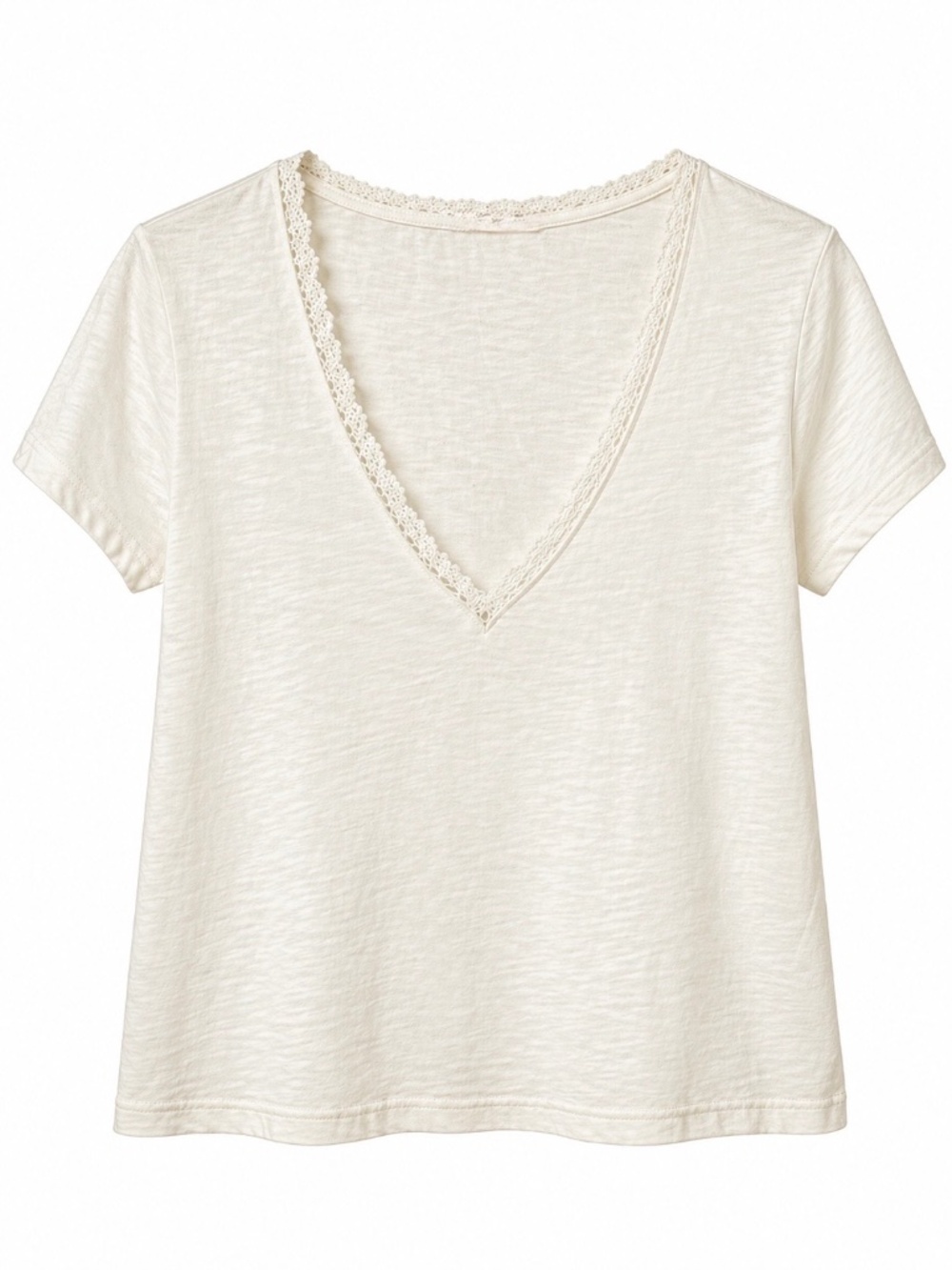 MARINE LAYER Rhea Lace Trim V-Neck Tee Antique White Slub Cotton Womens S